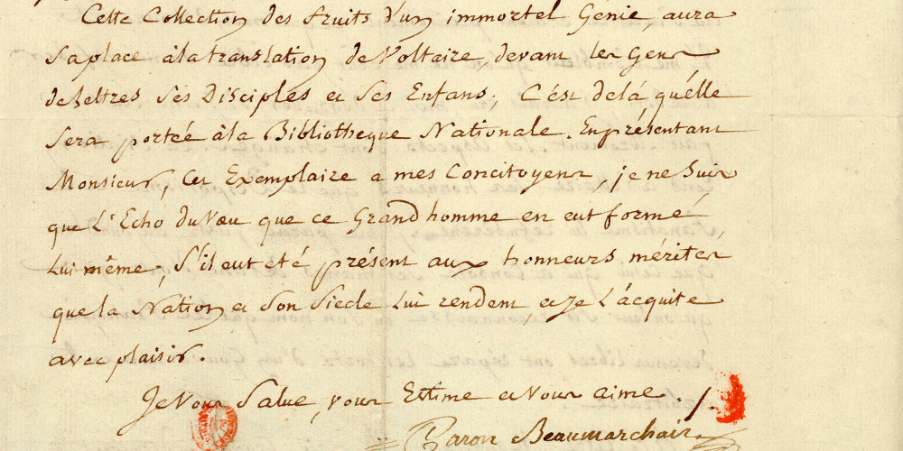 Lettre de Beaumarchais à l'abbé Des Aulnays, garde des imprimés à la Bibliothèque du Roi, 2 juillet 1791