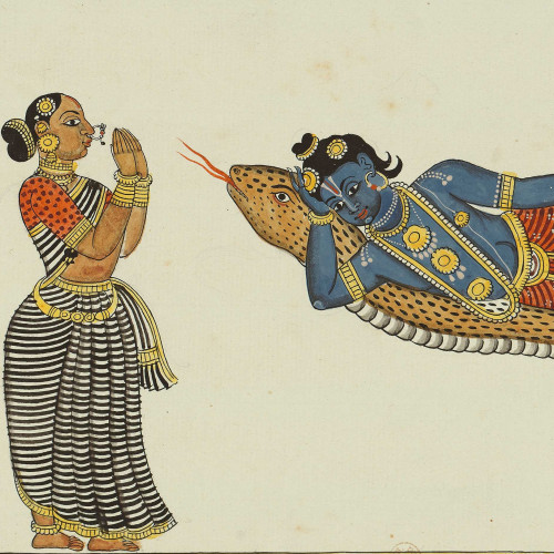 Krishna couché sur le serpent Shesha est salué par une orante
