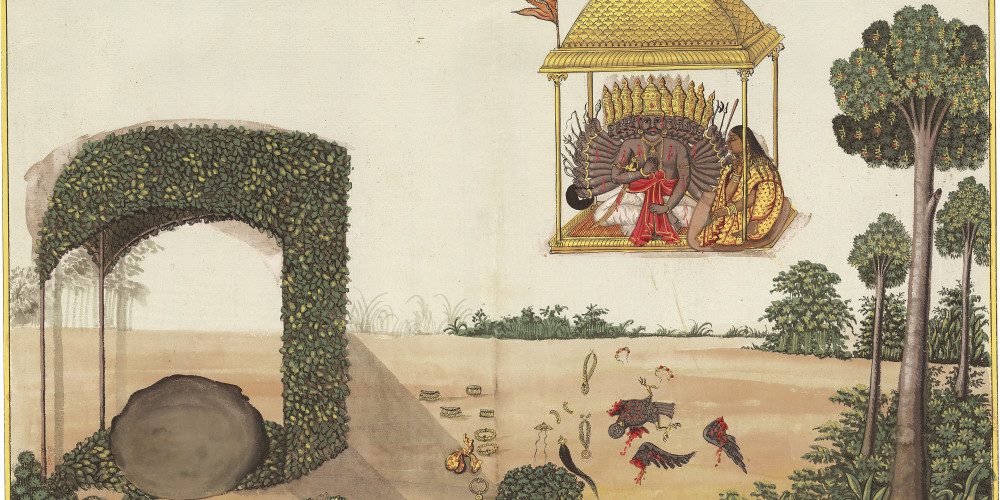 Sita est enlevée par Ravana ; l’oiseau Jatayu qui voulait la défendre est blessé à mort