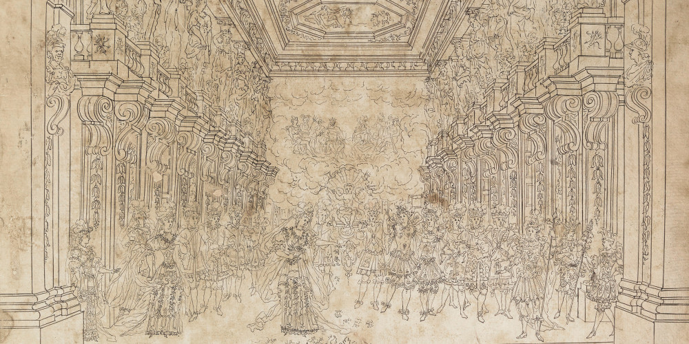 Jean Berain, dessin préparatoire pour le frontispice du Triomphe de l'Amour de Lully, 1681