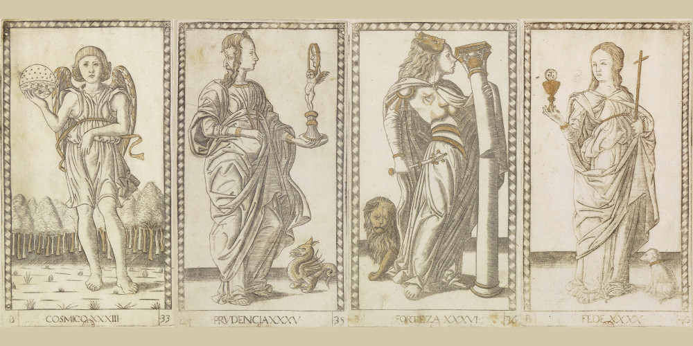 Tarots dits de Mantegna, série B (31 à 40) : Les Principes cosmiques et les Sept vertus