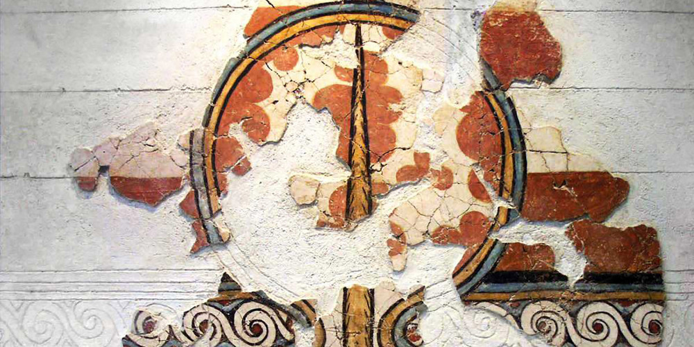 Bouclier bilobé sur fresque à Mycènes