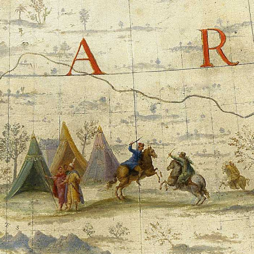 Plusieurs Tartares à pied et à cheval contre des tentes