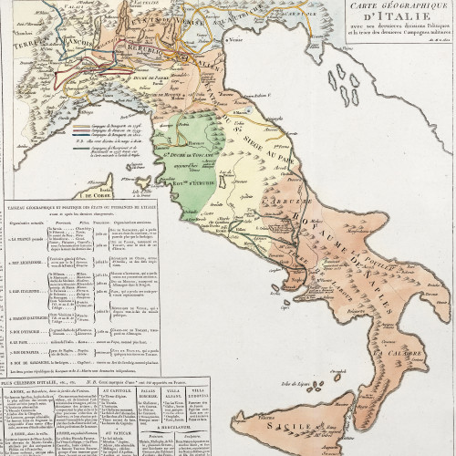 Carte géographique d’Italie avec ses dernières divisions politiques et la trace des dernières campagnes militaires