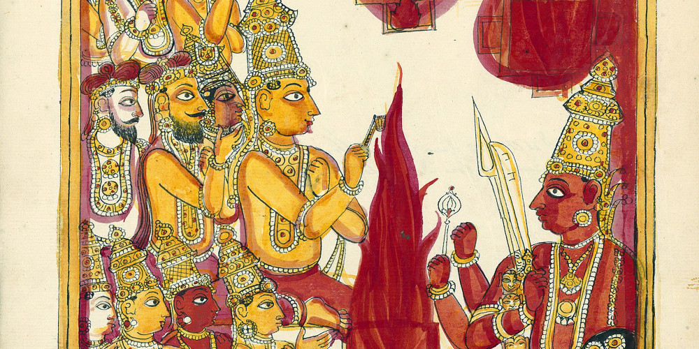 Virabhadra met le feu dans la salle du sacrifice