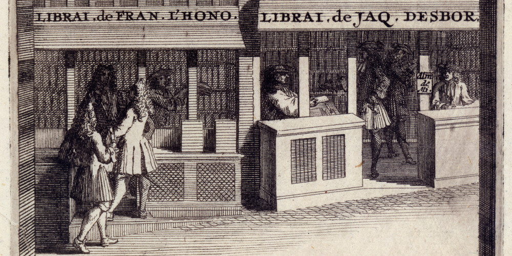 La boutique des libraires François L’Honoré et Jacques Desbordes devant « La Bource d’Amsterdam »