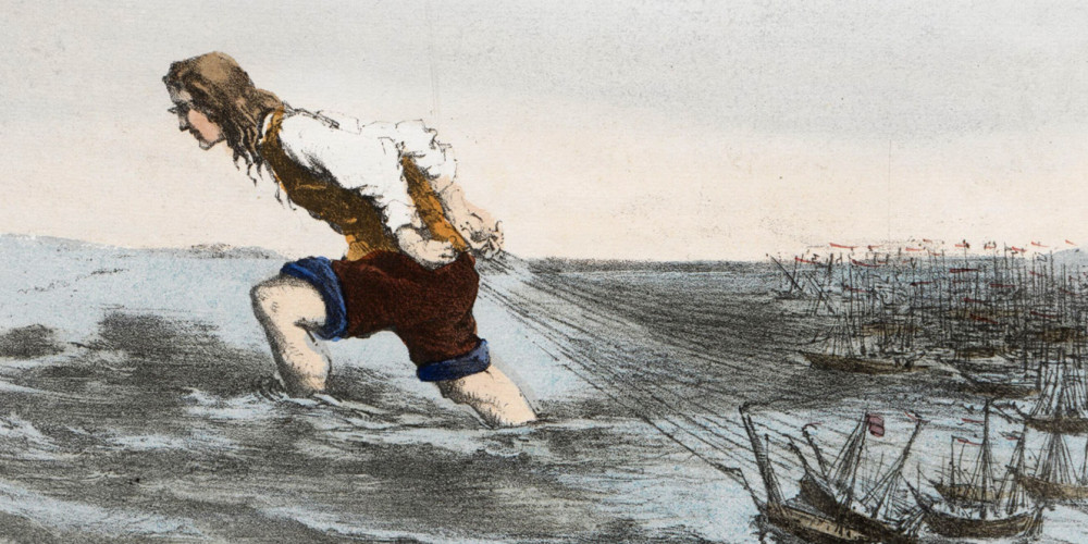 Gulliver emmène toute la flotte ennemie au port impérial de Lilliput