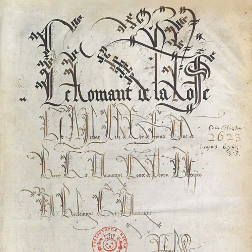 Détail de l’ex-libris du duc Jean de Berry, calligraphié par son secrétaire Jean Flamel, sur l’un des cinq exemplaires manucrits du Roman de la rose lui ayant appartenu.