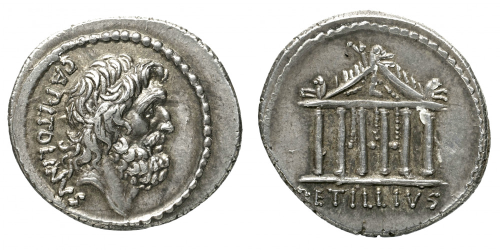 Denier Petillia figurant Jupiter et son temple du Capitole