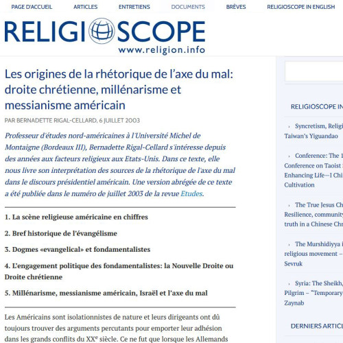 Vignette Religioscope - Les origines de la rhétorique de l’axe du mal: droite chrétienne, millénarisme et messianisme américain