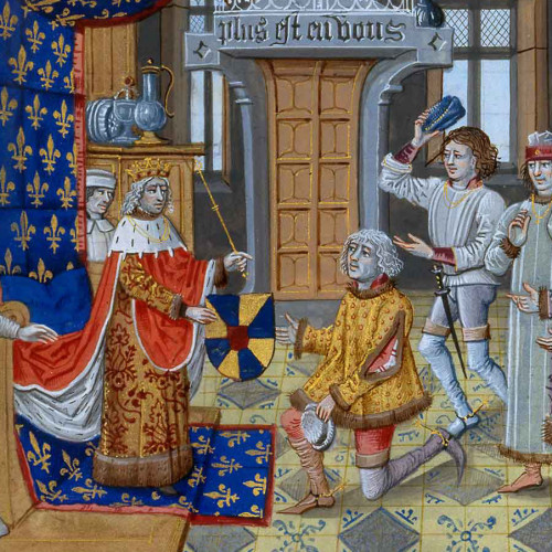 Devise à la bombarde et mot (PLUS EST EN VOUS) de Louis de Bruges, seigneur de La Gruuthuse (vers 1470-1480).
Ses armoiries ont été recouvertes de celles du roi Louis XII
