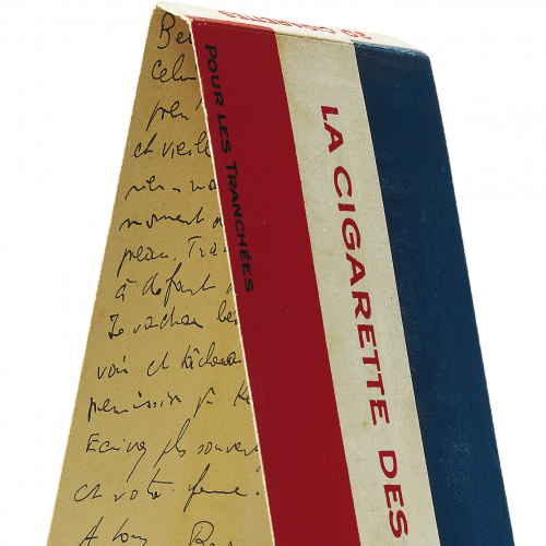 Lettre de Blaise Cendrars à Robert Delaunay sur un paquet de cigarettes