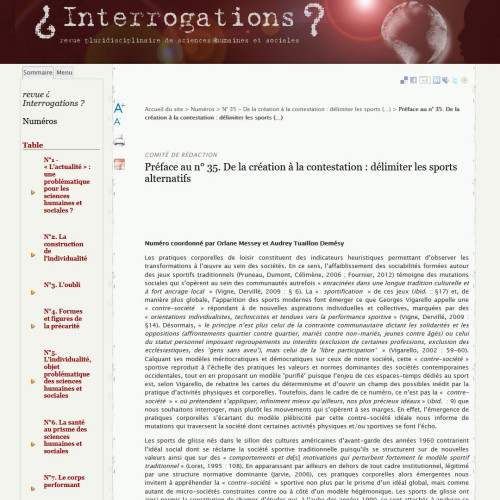 Vignette - O. Messey et A. Tuaillon Demésy, « Préface au n° 35. De la création à la contestation : délimiter les sports alternatifs », Interrogations, 2022