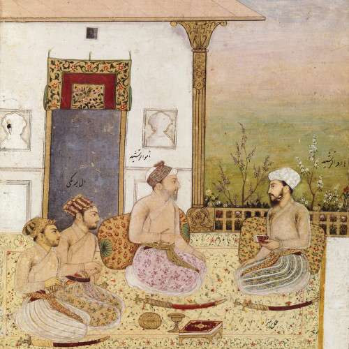 Quatre officiers moghols en conversation sur une terrasse