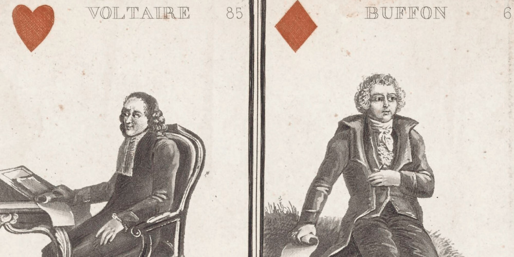 Planche de cartes à jouer aux figures de Voltaire, Buffon, Racine et Bayard.