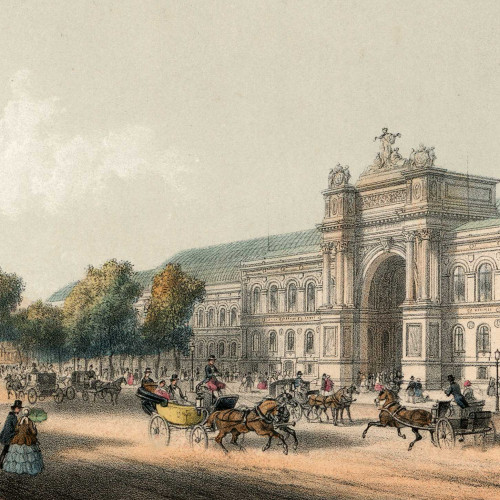 Av. des Champs-Élysées et entrée du Palais de l’Industrie. Exposition universelle de 1855