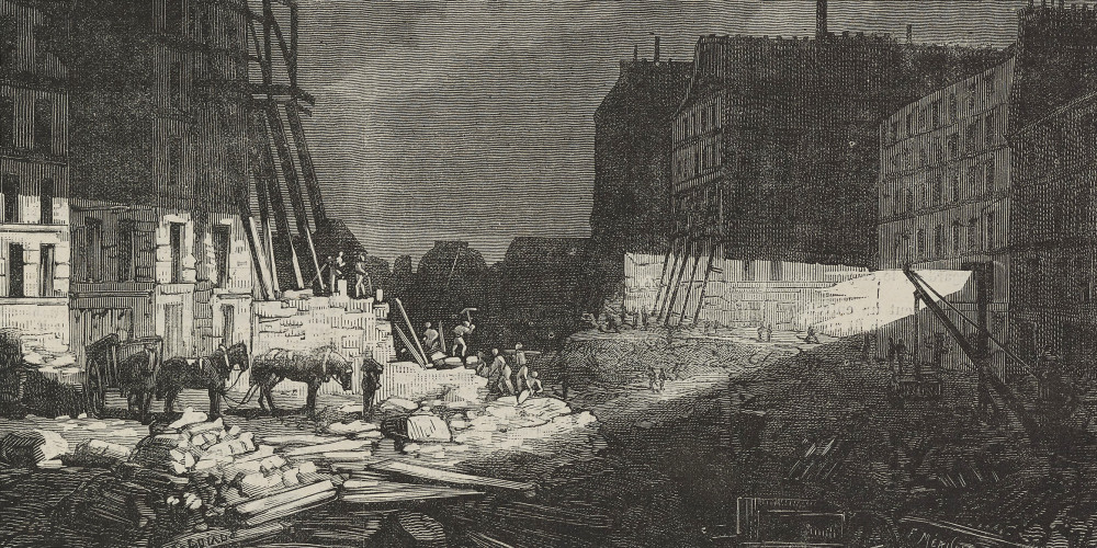 Percement de la Butte-des-Moulins. Travaux pendant la nuit à la lumière électrique