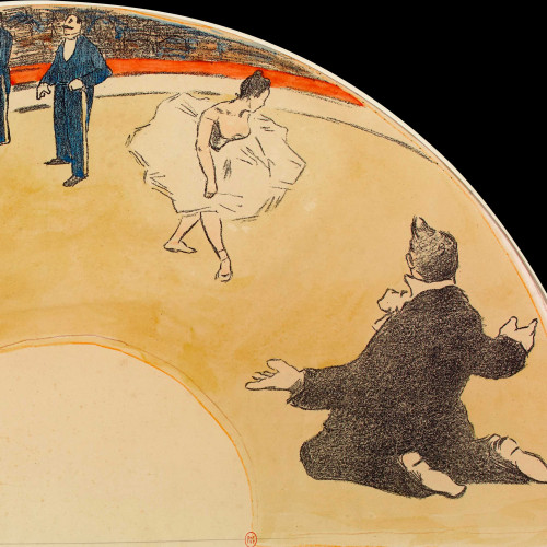 Au cirque, projet d’éventail avec un clown, M. Auguste et une écuyère à panneau