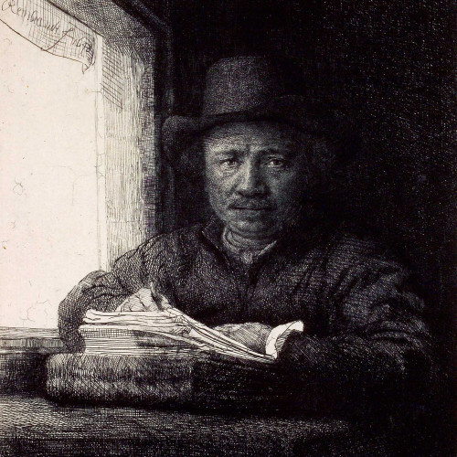 Rembrandt gravant ou dessinant près d’une fenêtre