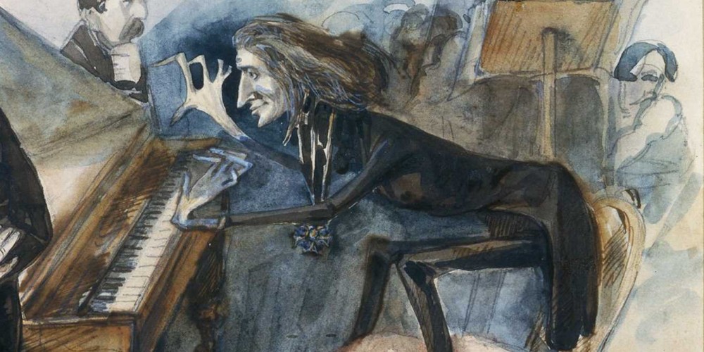 Caricature de Franz Liszt jouant un concerto au cours d’un concert