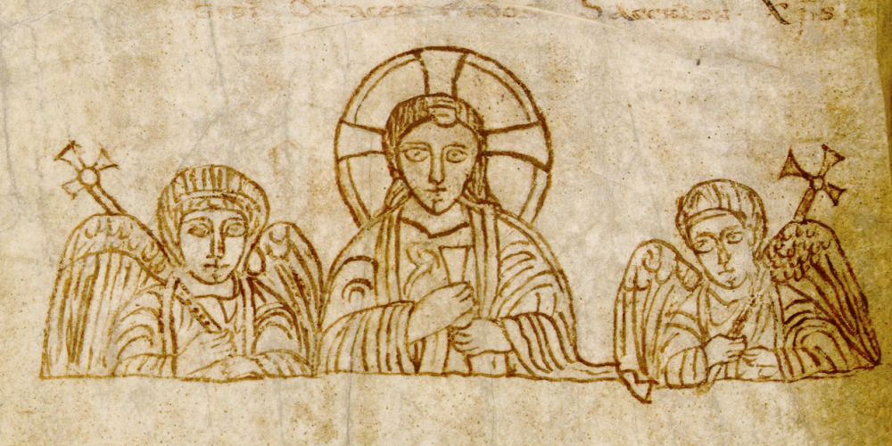 Christ entre deux anges et lettre ornée zoomorphe