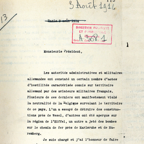 Lettre remise par Wilhem von Schoen, ambassadeur d’Allemagne en France, à René Viviani