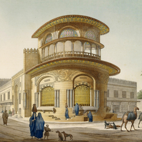 Le Caire : vue de la fontaine publique et du couvent de Derviches sur la rue Habbanyeh