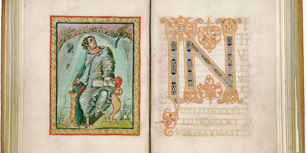 Saint Marc et grandes initiales IN marquant le début de son Évangile