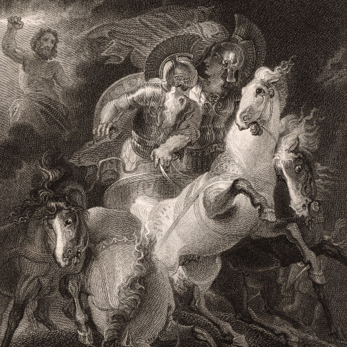 Zeus lance sa foudre devant le char de Diomède dont Nestor tient les rênes