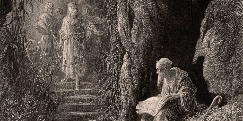 Merlin, reclus au cœur de la forêt, est visité par le roi Arthur