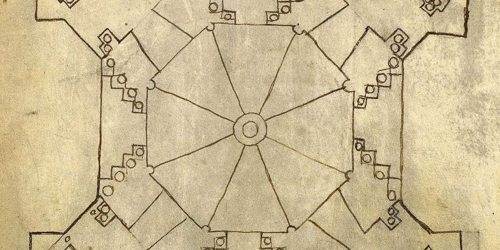 Église de Laon : plan de la tour - Détail d’un clocheton - Figure barbue