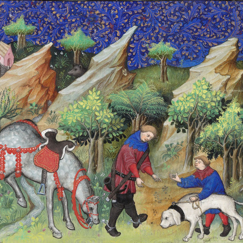 Flairée de la piste : le chasseur, descendu de son cheval, examine les fumées du cerf
