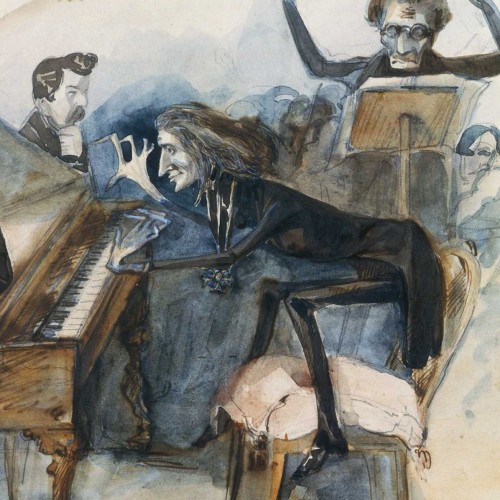 Caricature de Franz Liszt jouant un concerto au cours d’un concert
