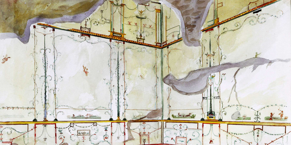 Quatrième style de peinture murale à Pompéi : triclinium à décoration blanche de la maison du Centenaire