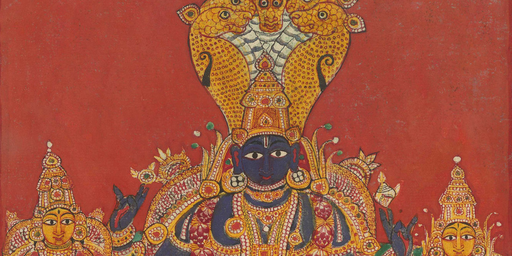 Vishnu, surmonté du serpent Ananta, assis entre ses parèdres Lakshmi et Bhudevi, réside au Vaikuntha