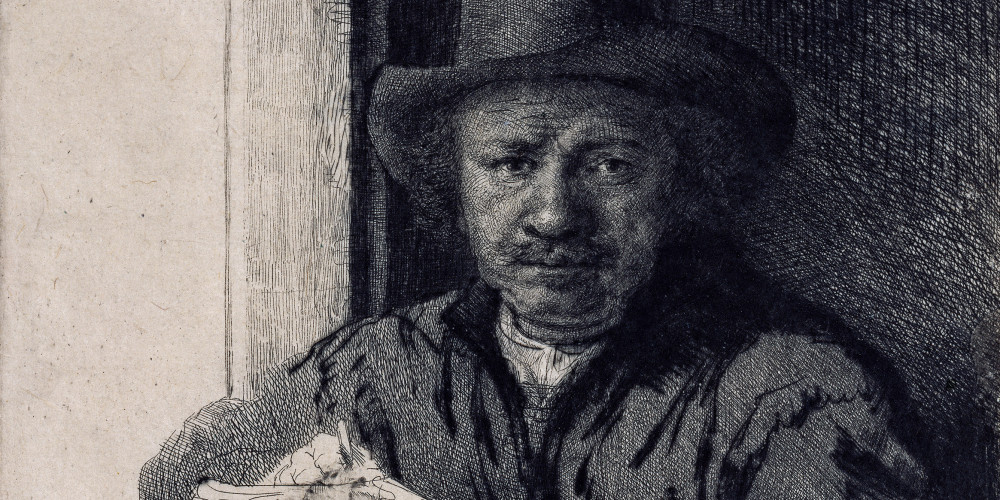 Rembrandt gravant ou dessinant près d'une fenêtre
1er état