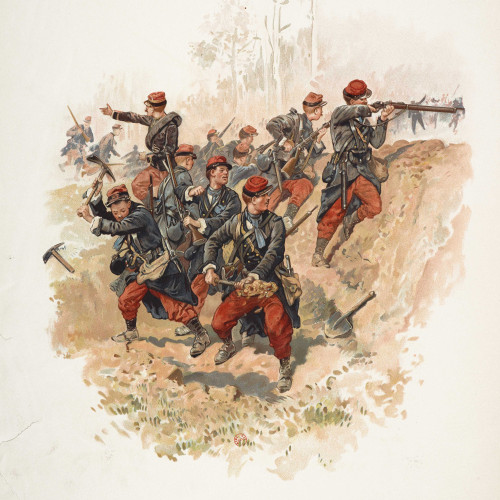 Soldats français creusant un retranchement pendant des manœuvres