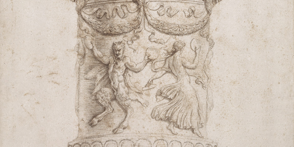Vase avec couvercle, orné d’un satyre et d’une bacchante dansant