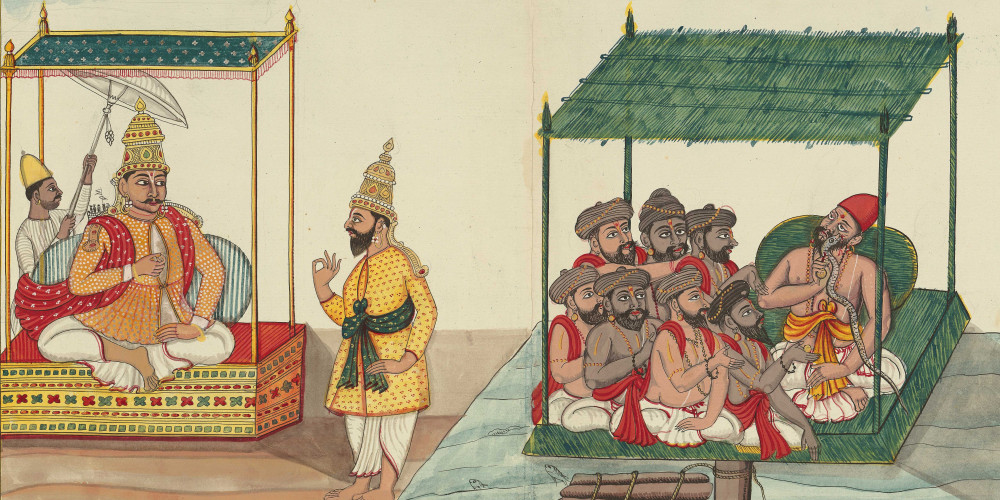 Parikshit retiré en compagnie des bhikshu, assis au bord du Gange sur des tiges de darbha (herbe sacrée), est mordu par le serpent Takshaka