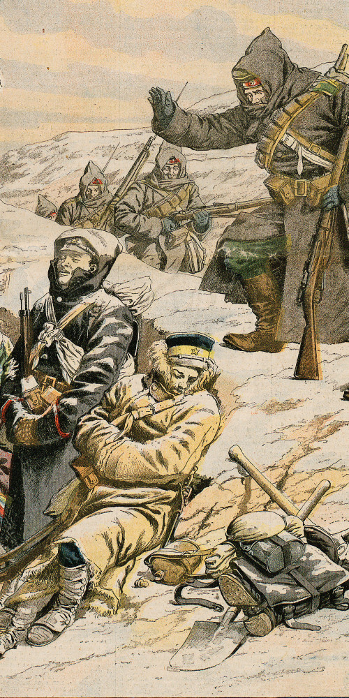 L’hiver en Mandchourie, une patrouille russse découvre des soldats japonais morts de froid
