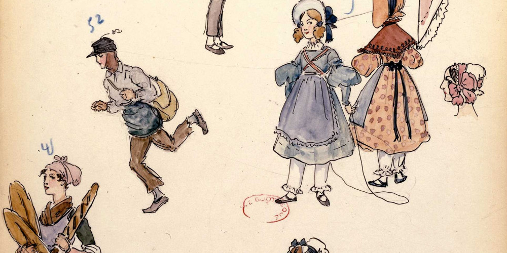 Dessins de costumes pour La Bohème : porteuse de pain, coiffes, joueur de raquette