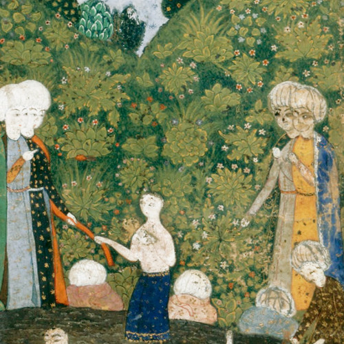 Deux hommes et un enfant en train de se baigner dans la source où le roi Djamchid a fait placer une inscription