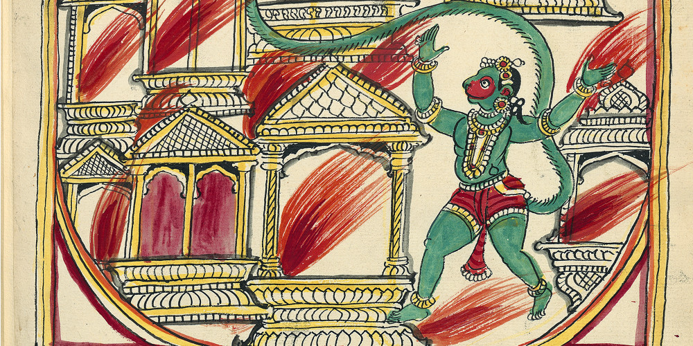 En punition de son insolence Hanuman a la queue brûlée ; il met le feu à Lanka et retourne voir les siens