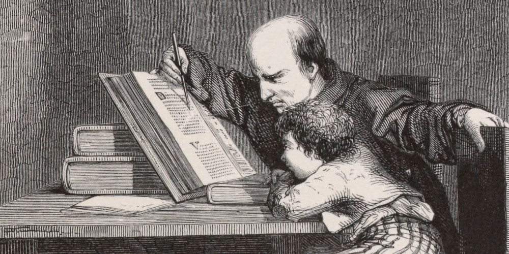 Claude Frollo apprenant à lire à Quasimodo
