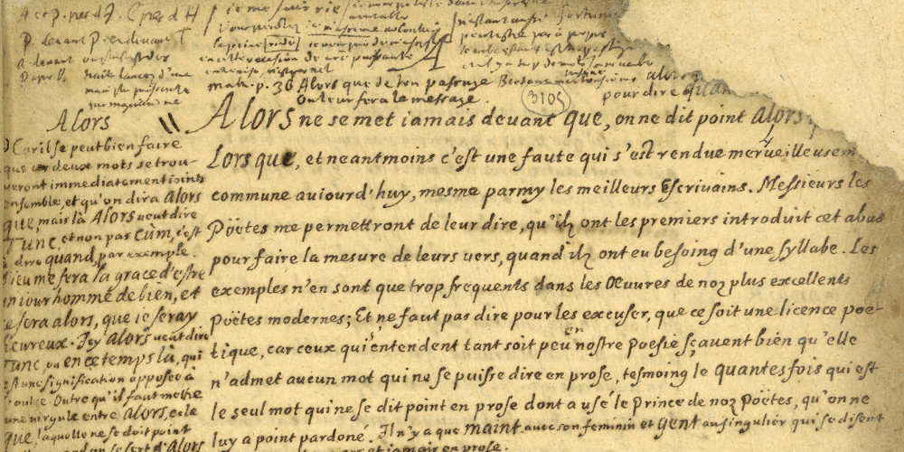 Manuscrit des Remarques sur la langue françoise, utiles à ceux qui veulent bien parler et bien escrire de Vaugelas