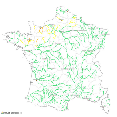Carte de vigilance crues le 25 janiver 2025, par l'agence gouvernementale Vigicrues