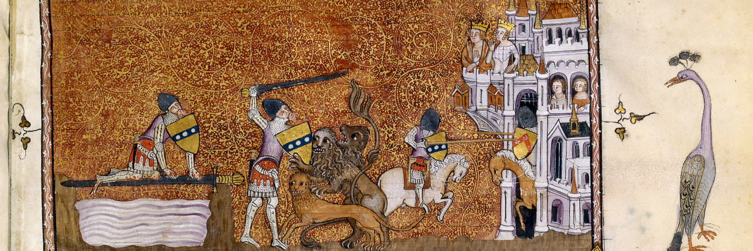 Lancelot combattant deux lions et un léopard surgis par enchantement