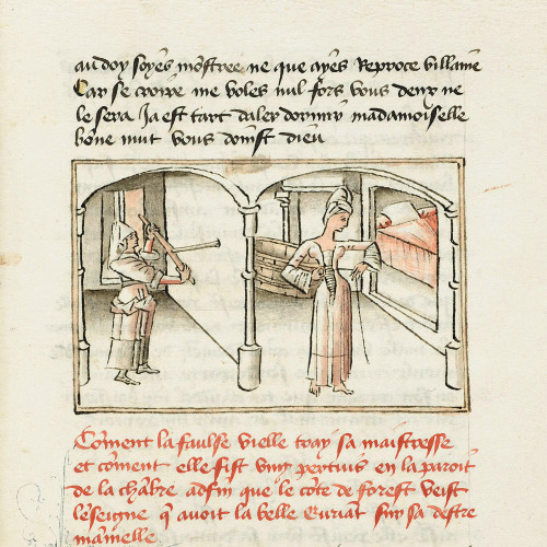 Fol. 11 : Gondrée perce un trou dans le mur de la chambre d’Euriant