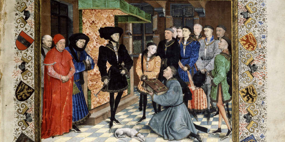 Philippe le Bon recevant en conseil l’hommage des Chroniques de Hainaut des mains de Simon Nockart
