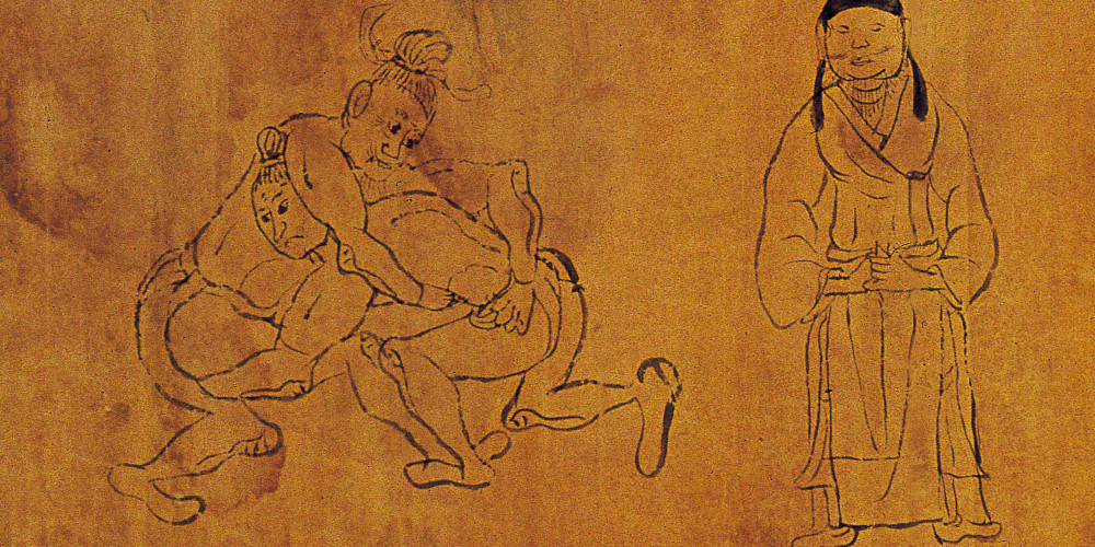 Série de croquis bouddhiques au verso d’un long rouleau du 8e siècle